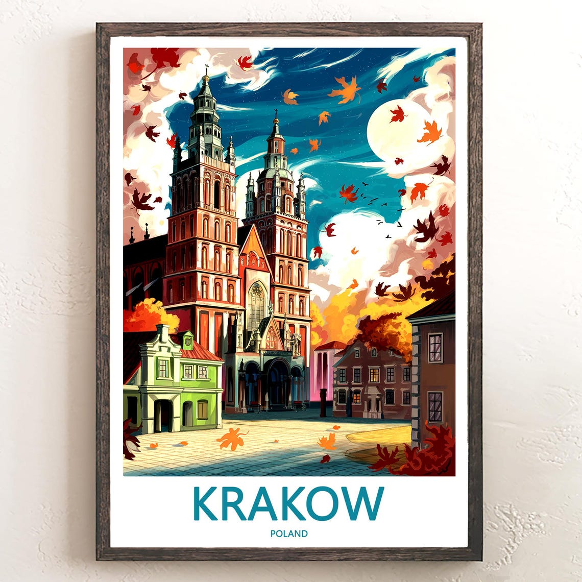 Krakow St Marys Basilica Autumn Moonlight Scene Travel Poster