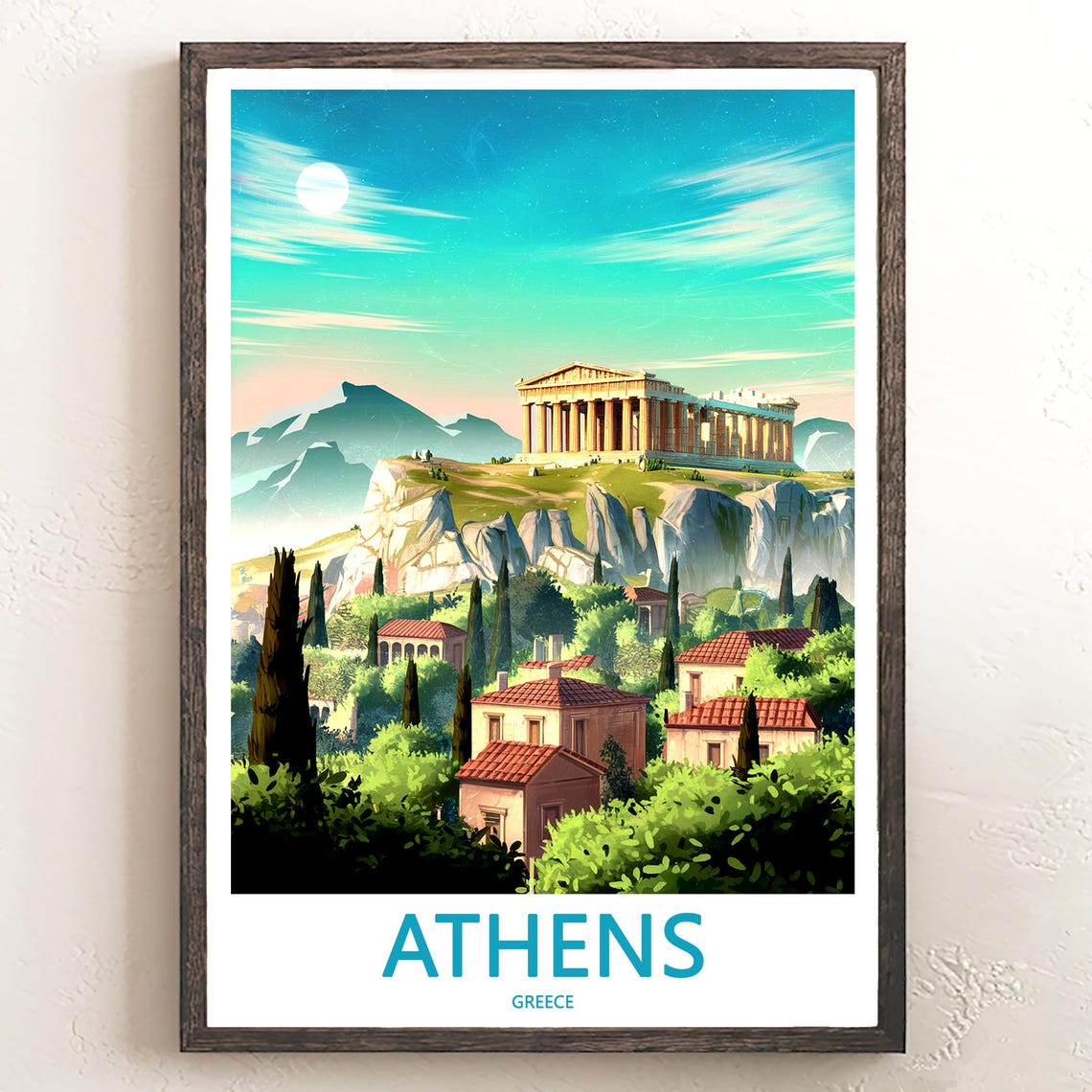 Athens Parthenon Turquoise Sky Terracotta Rooftops Illustrated Poster
