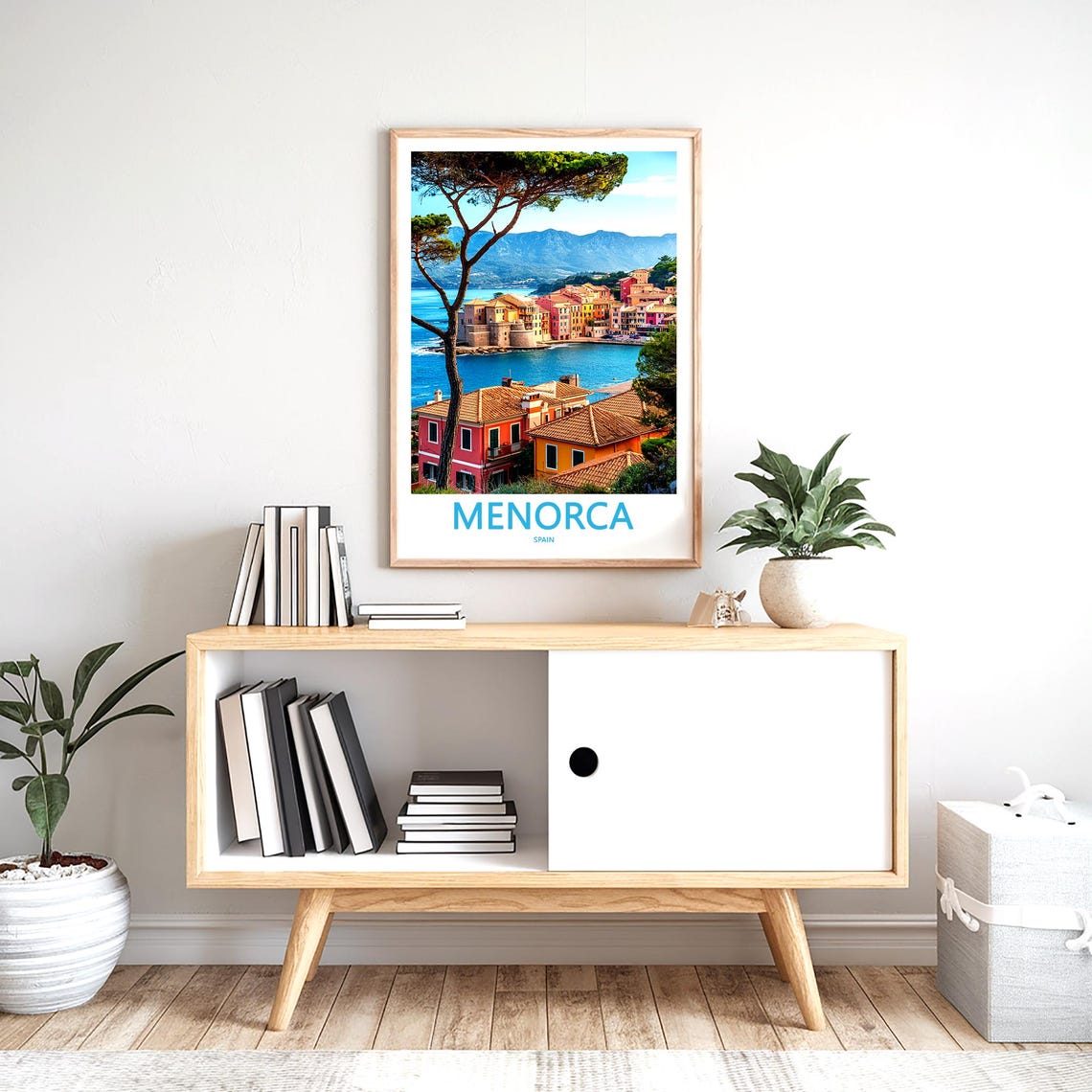 Menorca Spain Pastel Coastal Town Framed by Umbrella Pine Trees Poster - Image 2