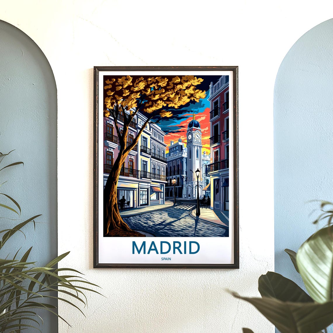 Madrid Clock Tower Street Sunset Vivid Orange Sky Art Poster - Image 3