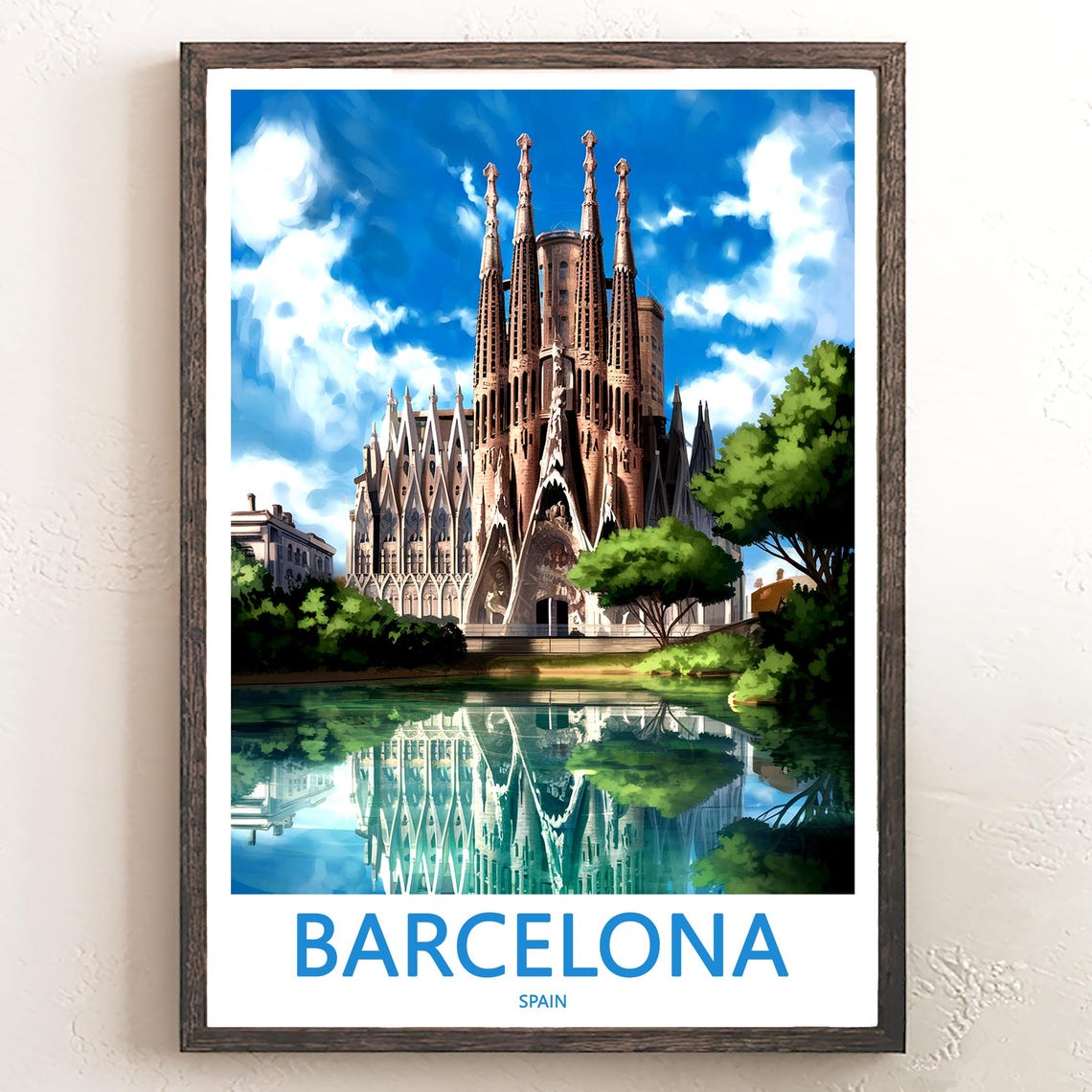 Barcelona Sagrada Familia Water Reflection Green Trees Travel Poster
