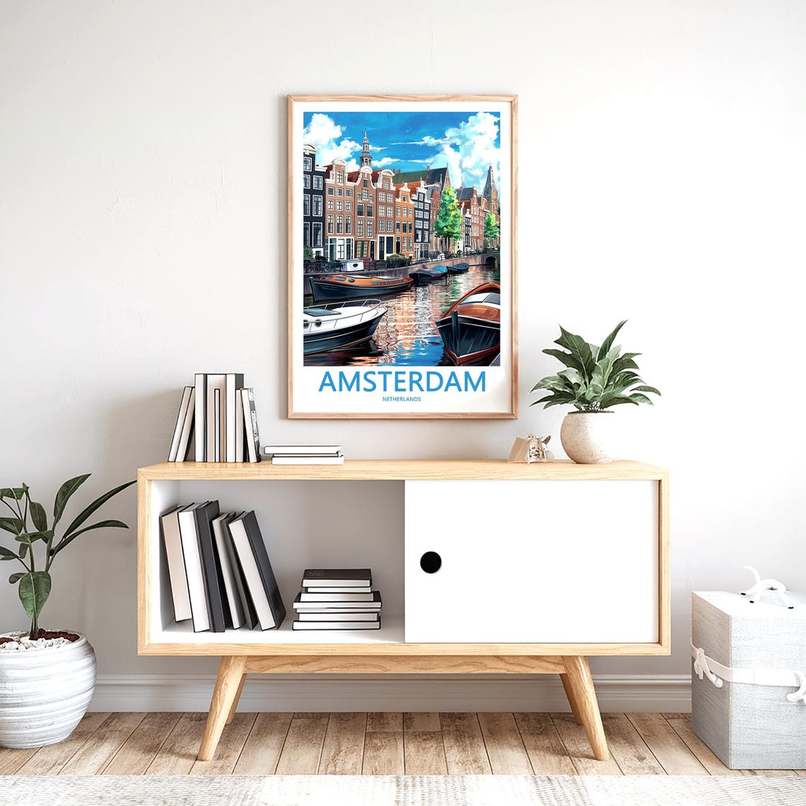 Amsterdam Canal Daytime Boats Gabled Houses Illustrated Poster - Image 2
