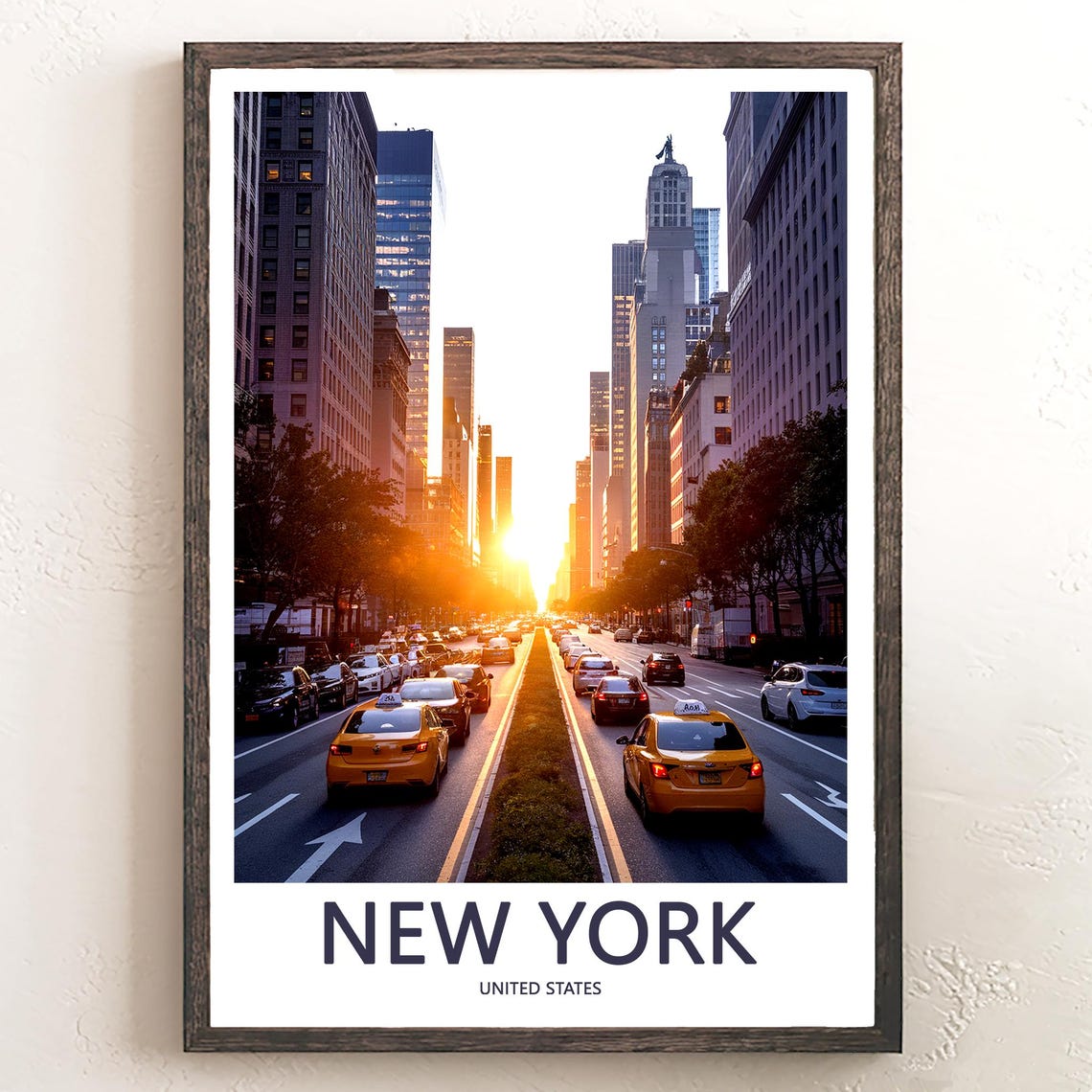 New York Manhattan Sunset Avenue Yellow Cabs Rush Hour Travel Poster