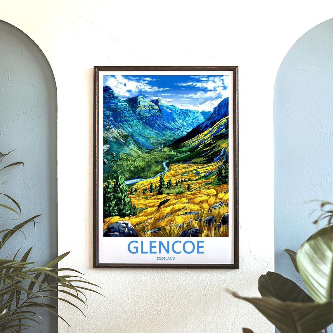 Glencoe Scotland Blue Peaks Golden Grass Valley Vista Poster - Image 3