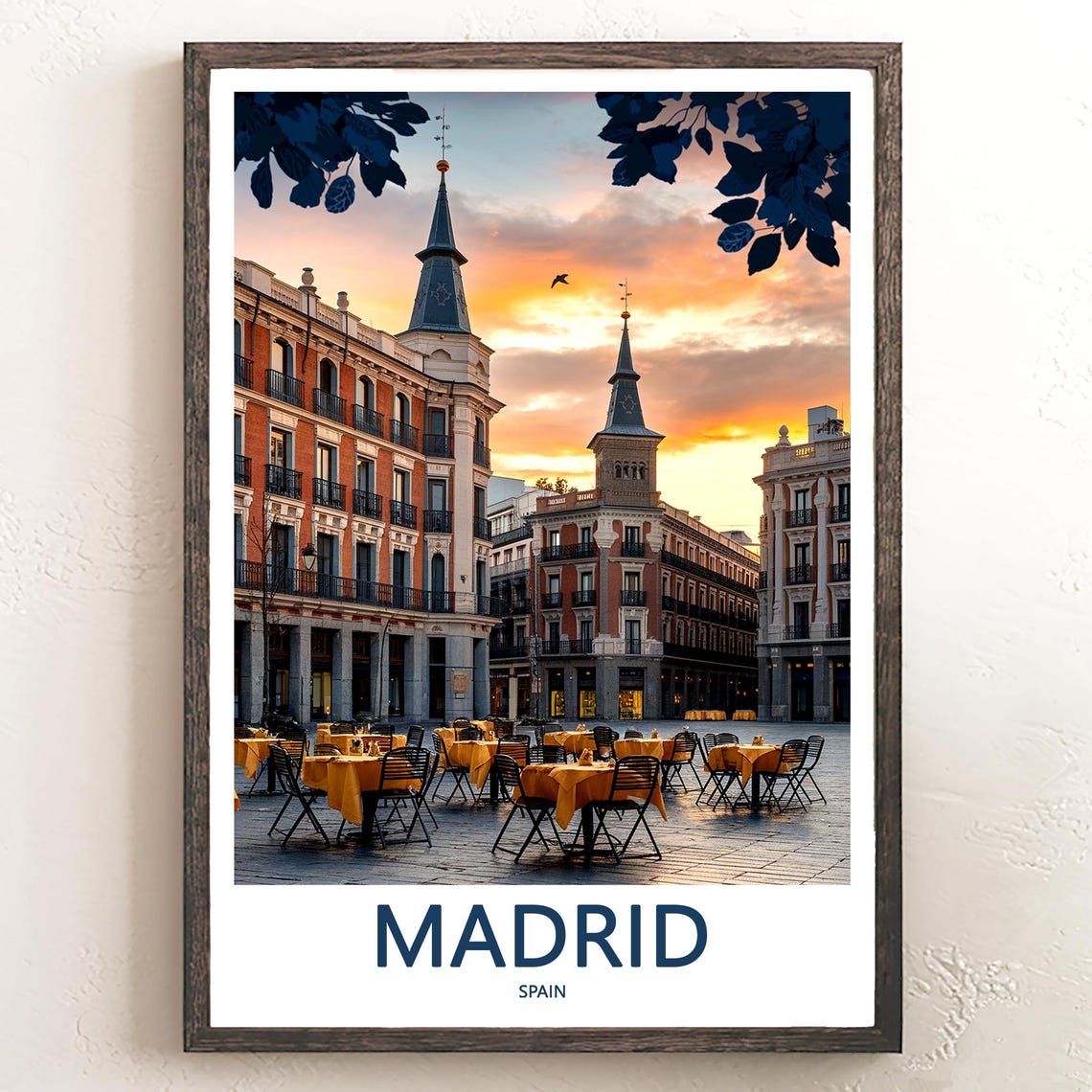 Madrid Plaza Mayor Sunset With Twin Towers Cafe Scene Poster