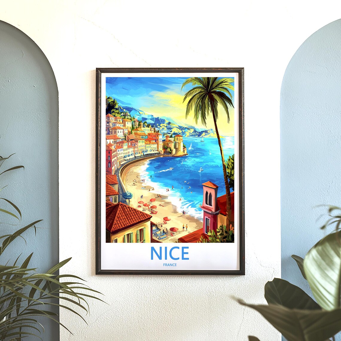 Nice France Curved Beach Palm Trees Riviera Travel Art Poster - Image 3