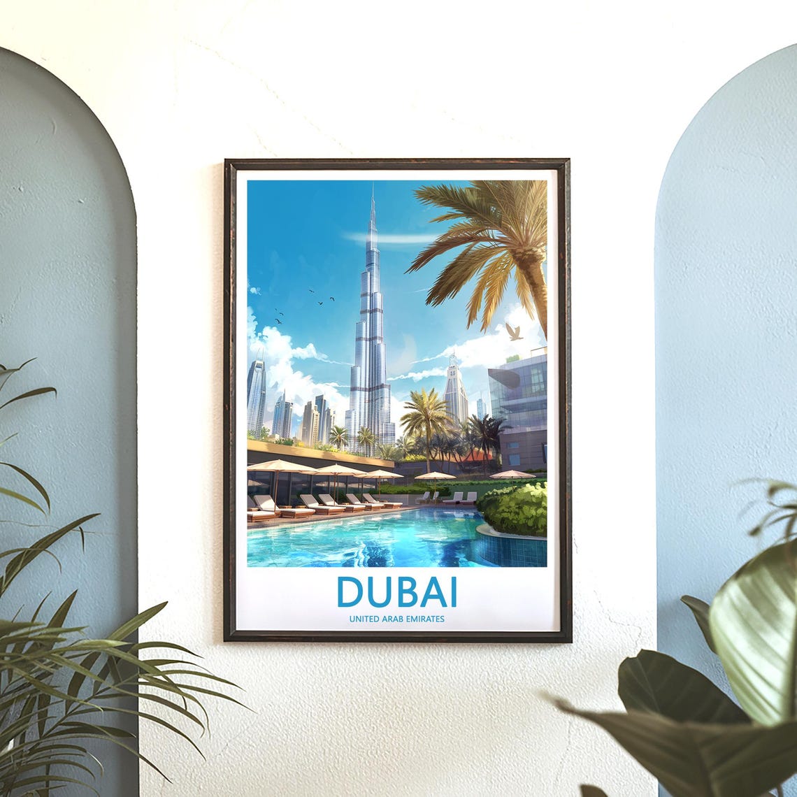 Dubai Burj Khalifa Infinity Pool Palm Trees Illustrated Poster - Image 3