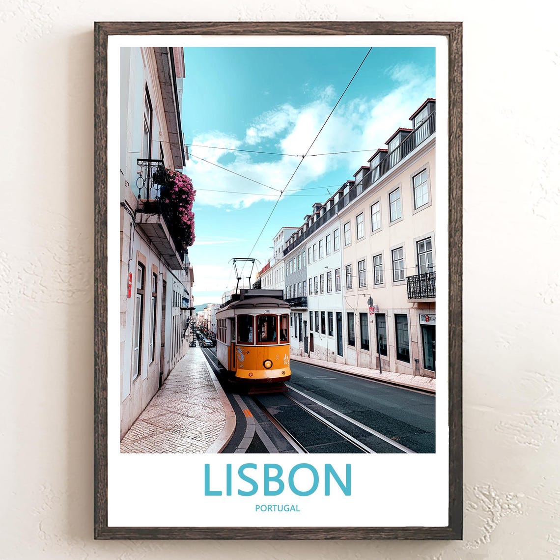 Lisbon Yellow Tram on a Narrow Street With Flower Balcony Poster
