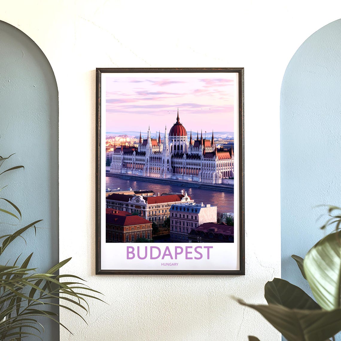 Budapest Hungary Parliament at Dusk Above City Rooftops Poster - Image 3