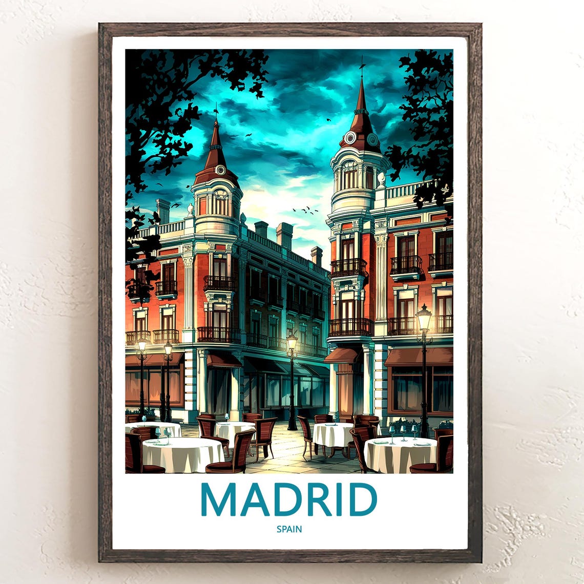 Madrid Night Cafe Corner Historic Facade Illustration Poster