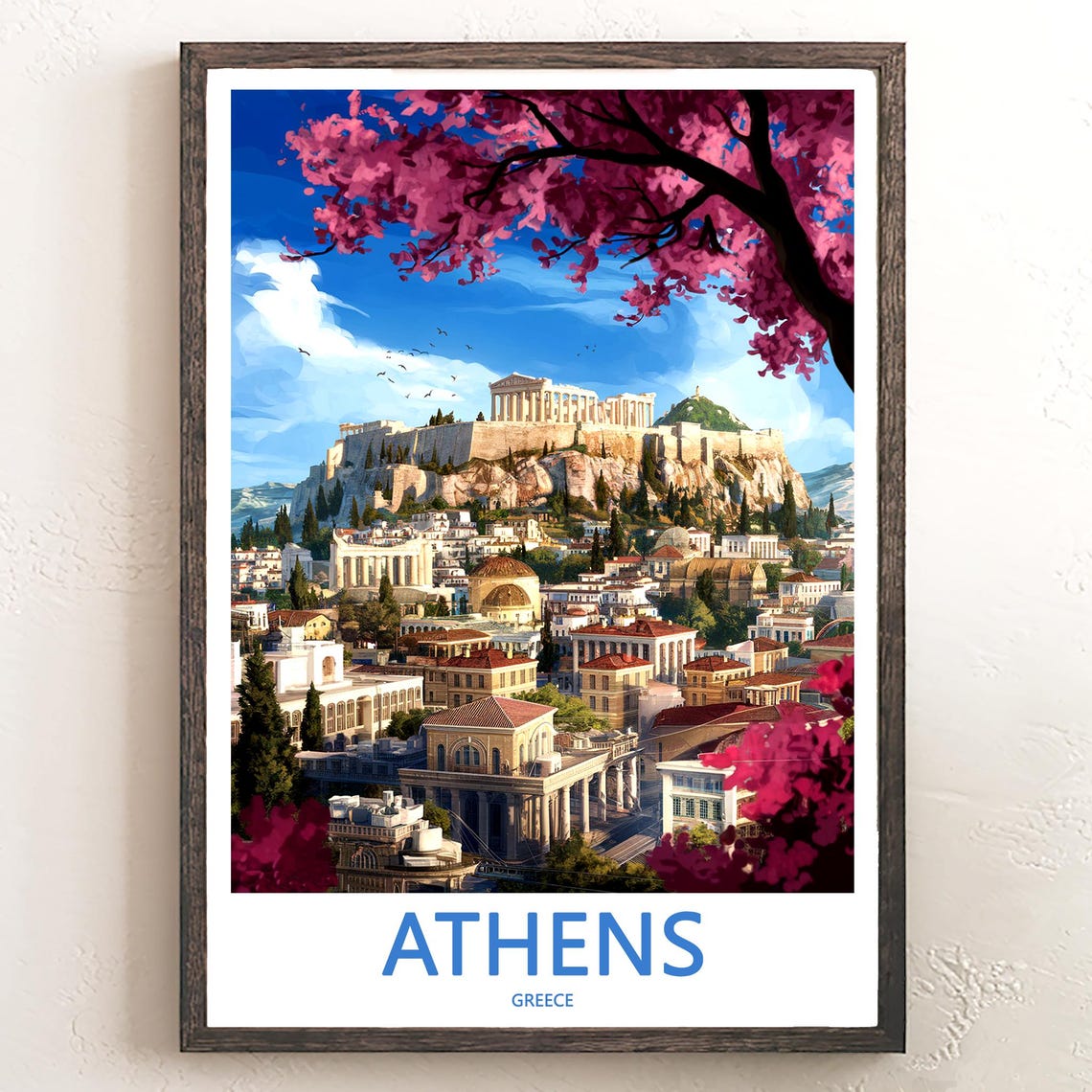 Athens Acropolis Pink Blossom Cityscape Illustrated Travel Poster
