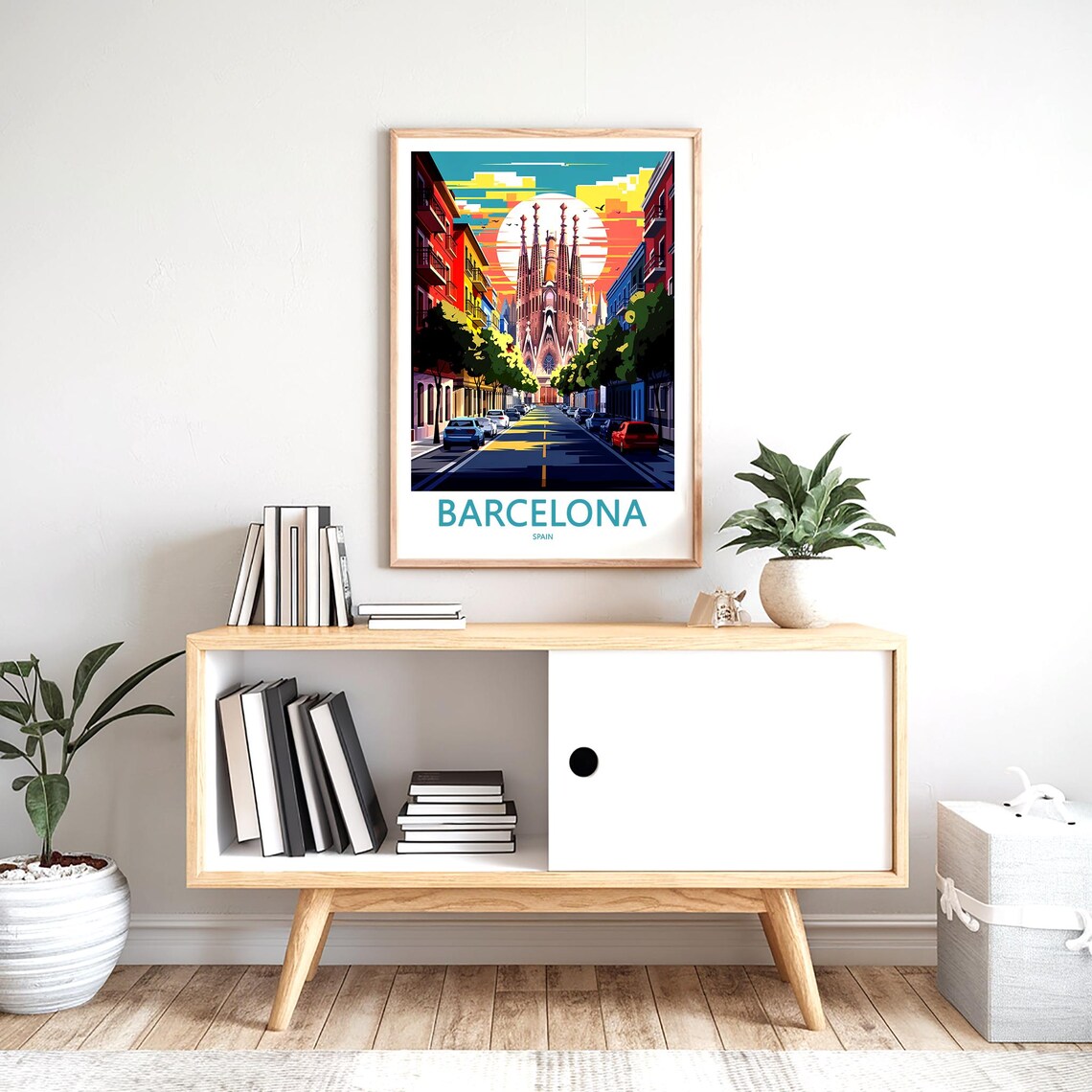 Barcelona Sagrada Familia Retro Street Sunset Big Sun Travel Poster - Image 2