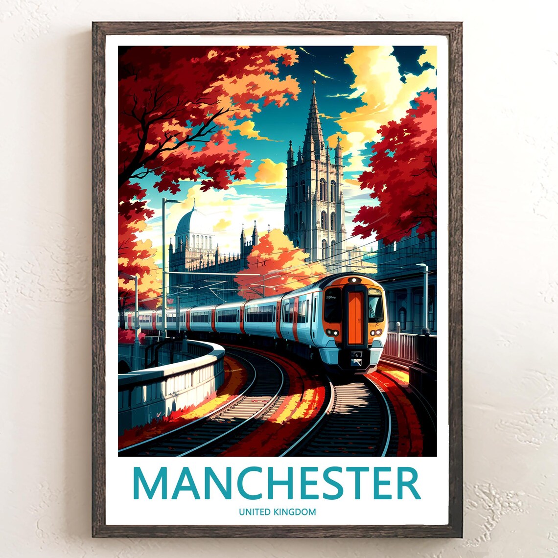 Manchester United Kingdom Autumn Train Passing Church Spire Poster