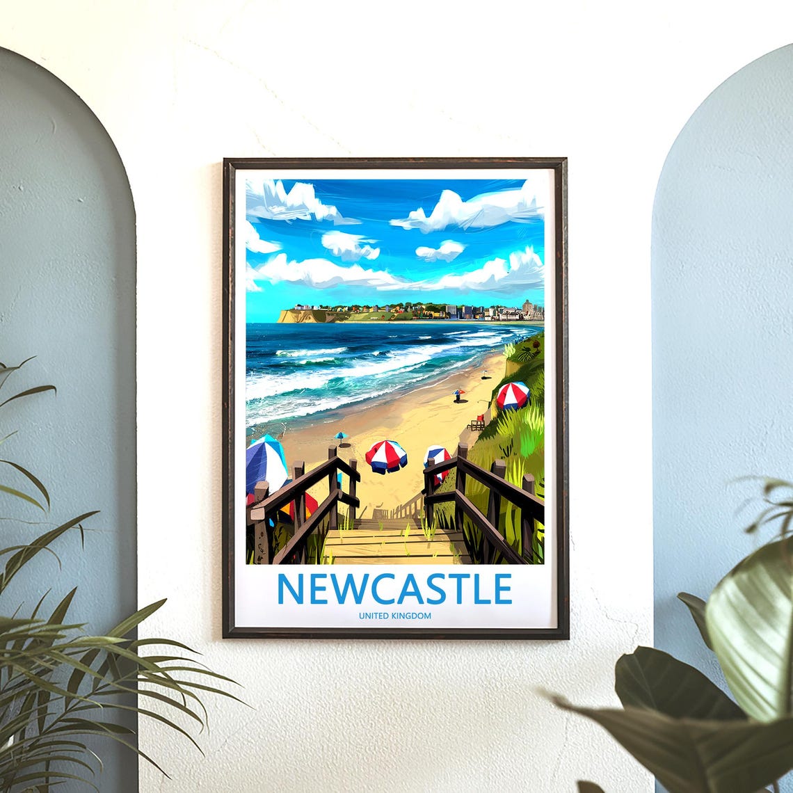 Newcastle Beach Boardwalk with Colorful Umbrellas Sunny Travel Poster - Image 3