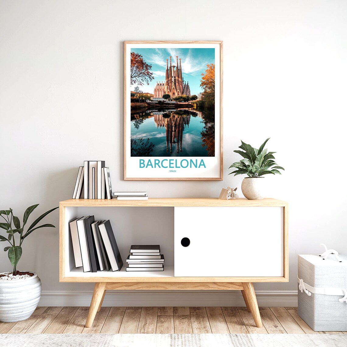 Barcelona Sagrada Família Teal Sky Autumn Reflection Photo Poster - Image 2