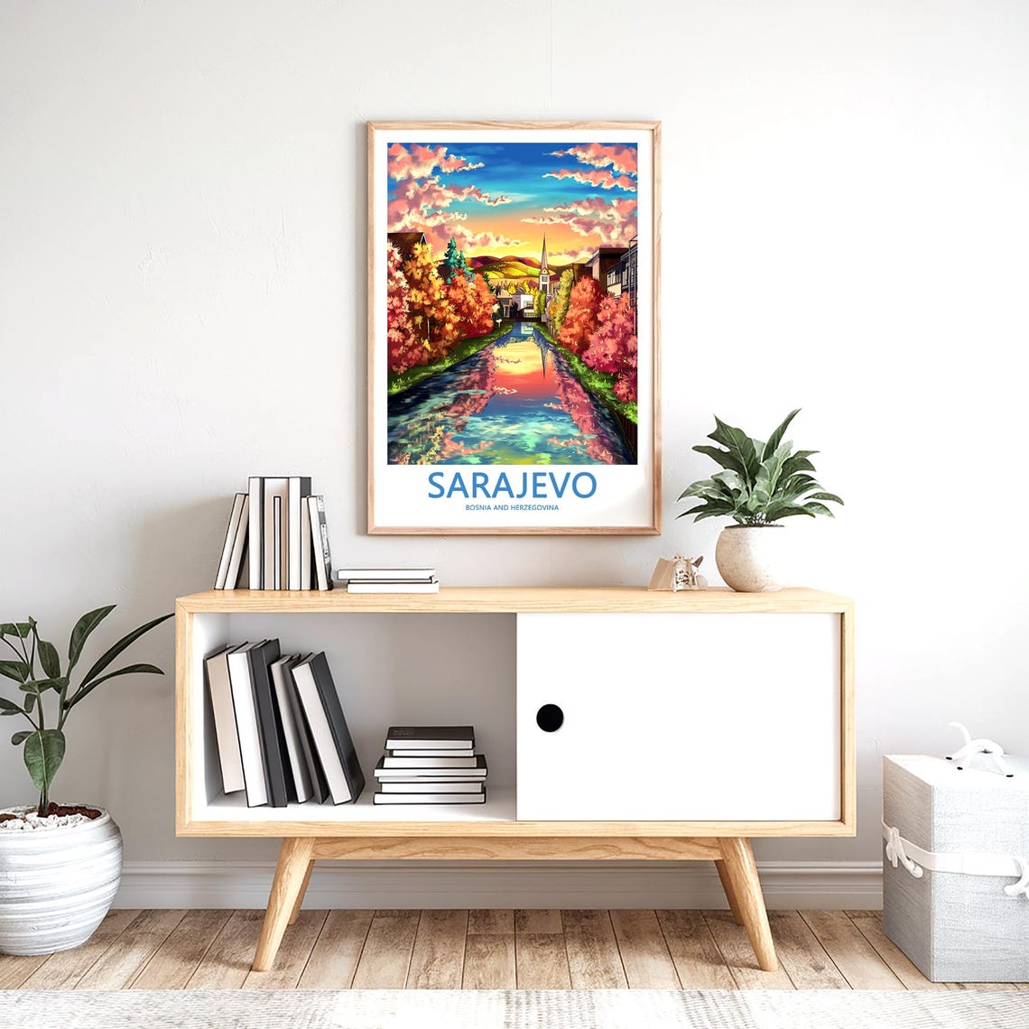 Sarajevo Flowering Riverside Canal and Church Tower Sunset Poster - Image 2