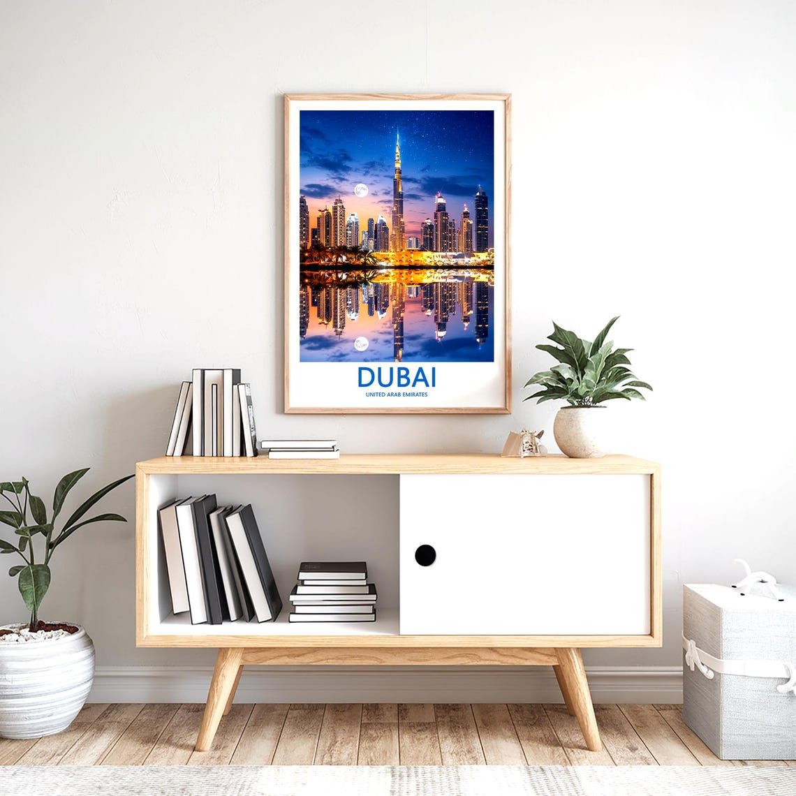 Dubai Starry Night Burj Khalifa Under Full Moon Reflection Poster - Image 2