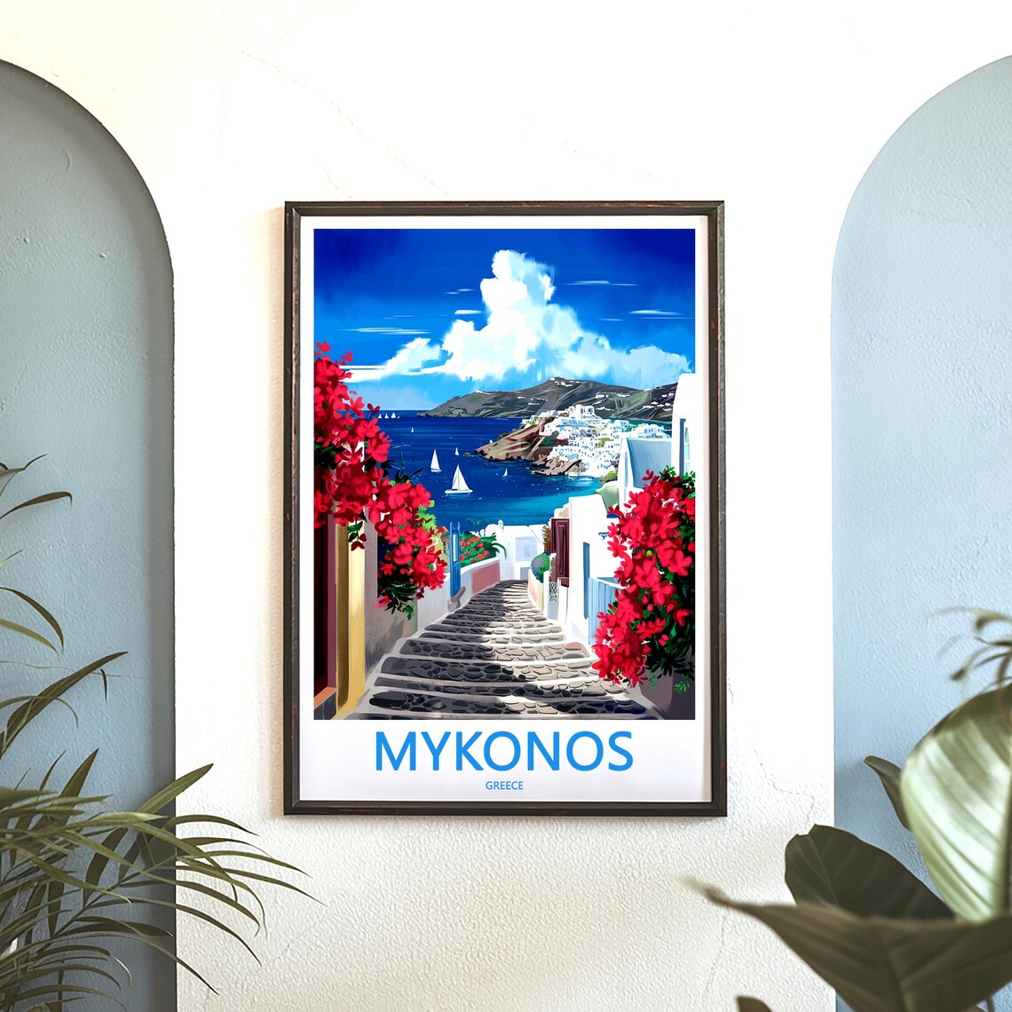 Mykonos Steps To The Bay Red Bougainvillea Greece Art Poster - Image 3