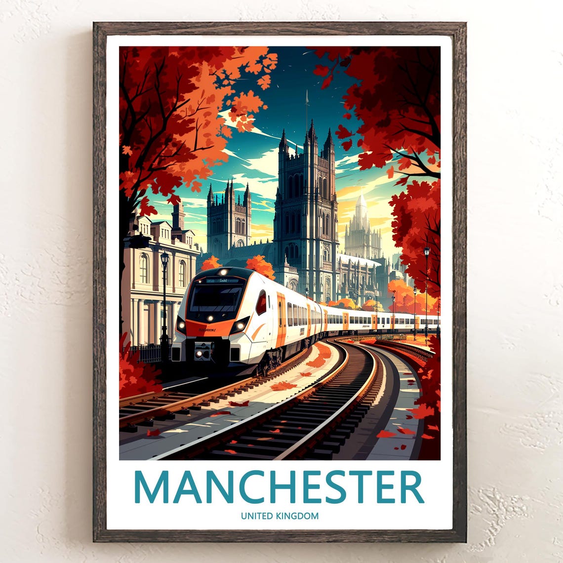 Manchester United Kingdom Autumn Train Before Gothic Cathedral Poster
