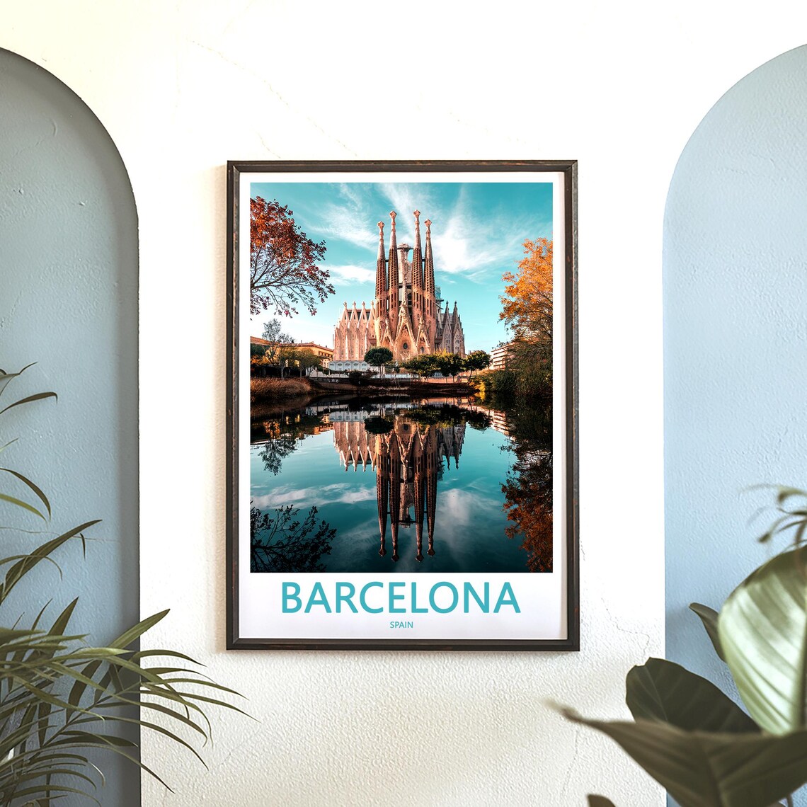 Barcelona Sagrada Família Teal Sky Autumn Reflection Photo Poster - Image 3