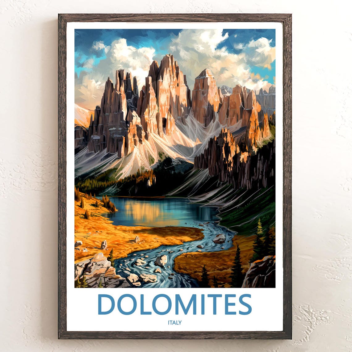 Dolomites Golden Lake and Rocky Stream Italy Mountain Poster