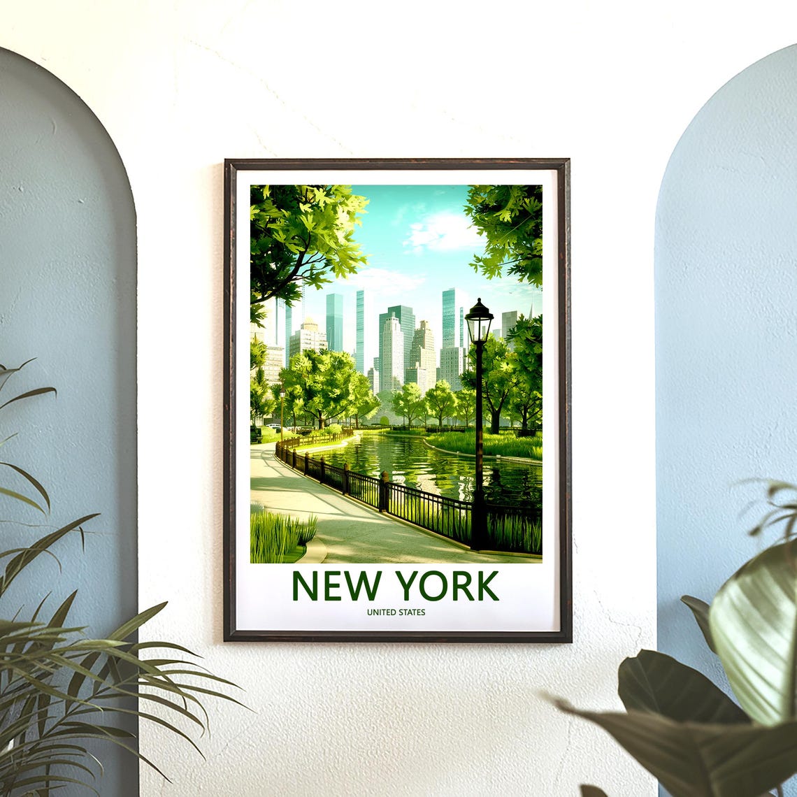 Manhattan Skyline Over a Sunlit Park Pond Walking Path Poster - Image 3