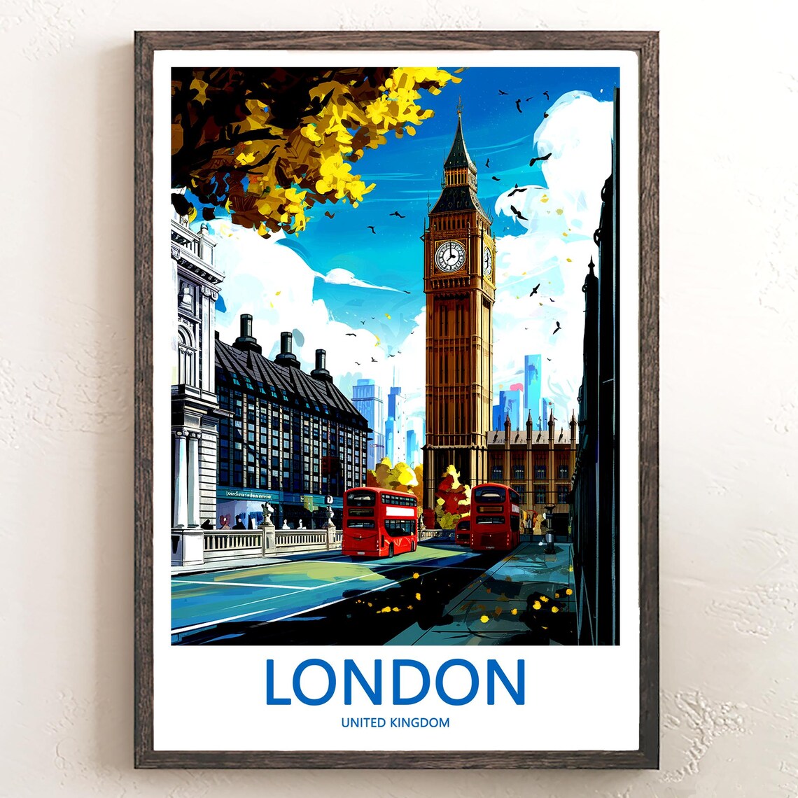 London Big Ben Red Buses Street Golden Autumn Foliage Poster