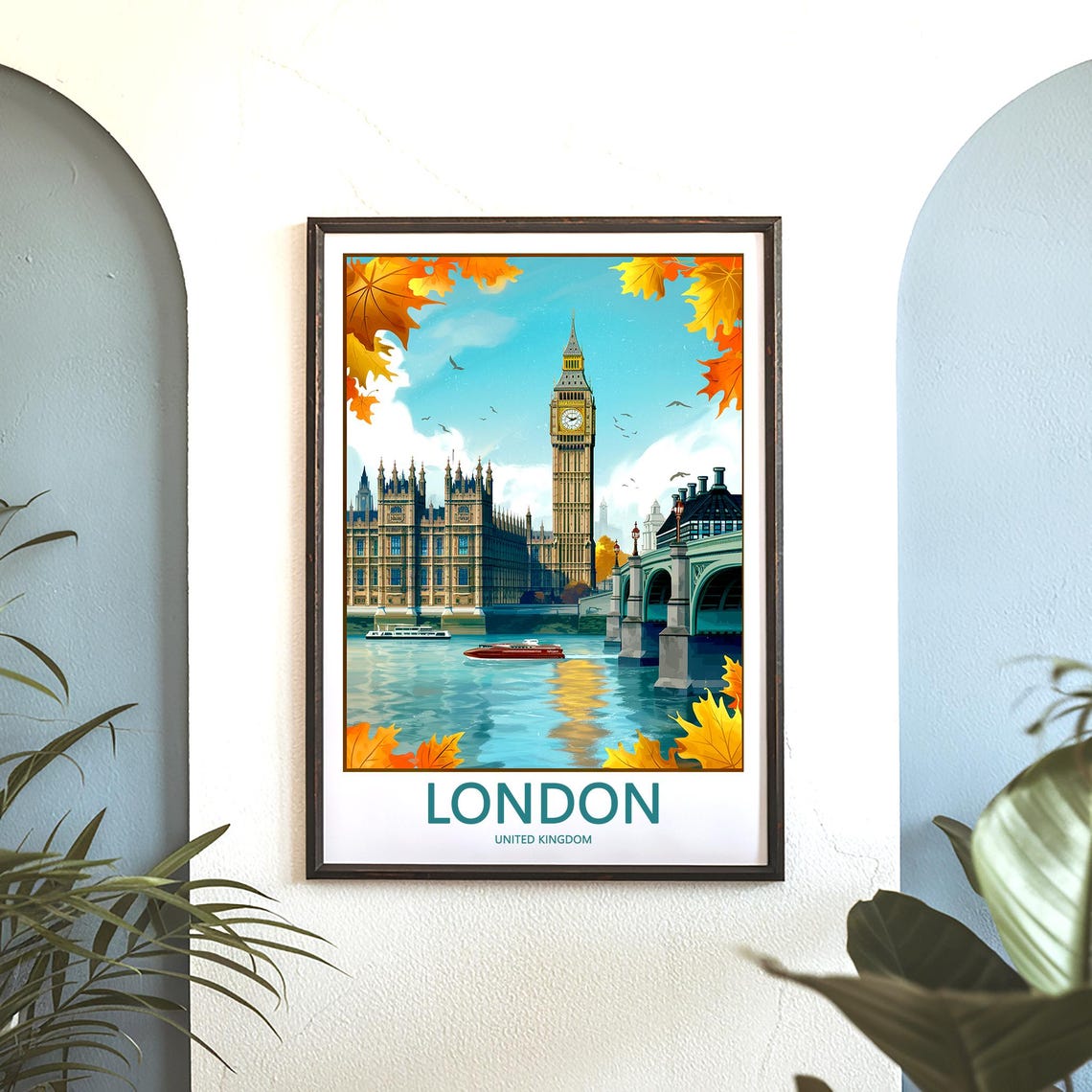 London Big Ben Autumn Maple Leaves Framing Thames Boats Poster - Image 3