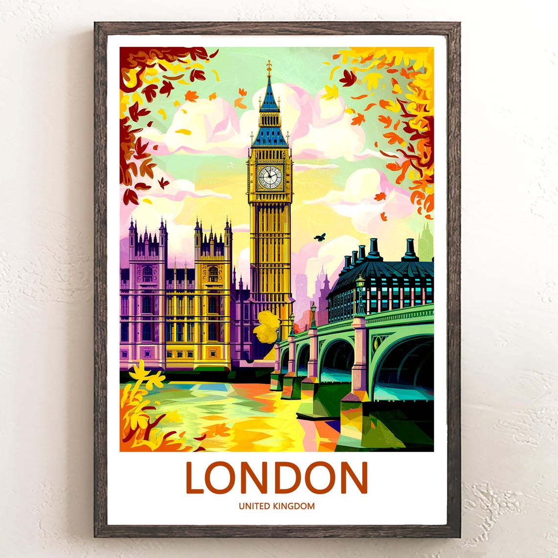 Big Ben and Westminster Bridge Retro Autumn Travel Art Poster