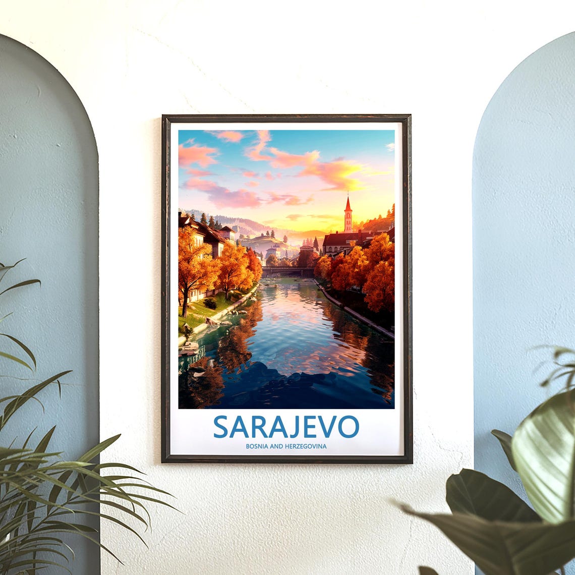 Sarajevo Autumn River Scene with Church Tower at Sunset Poster - Image 3
