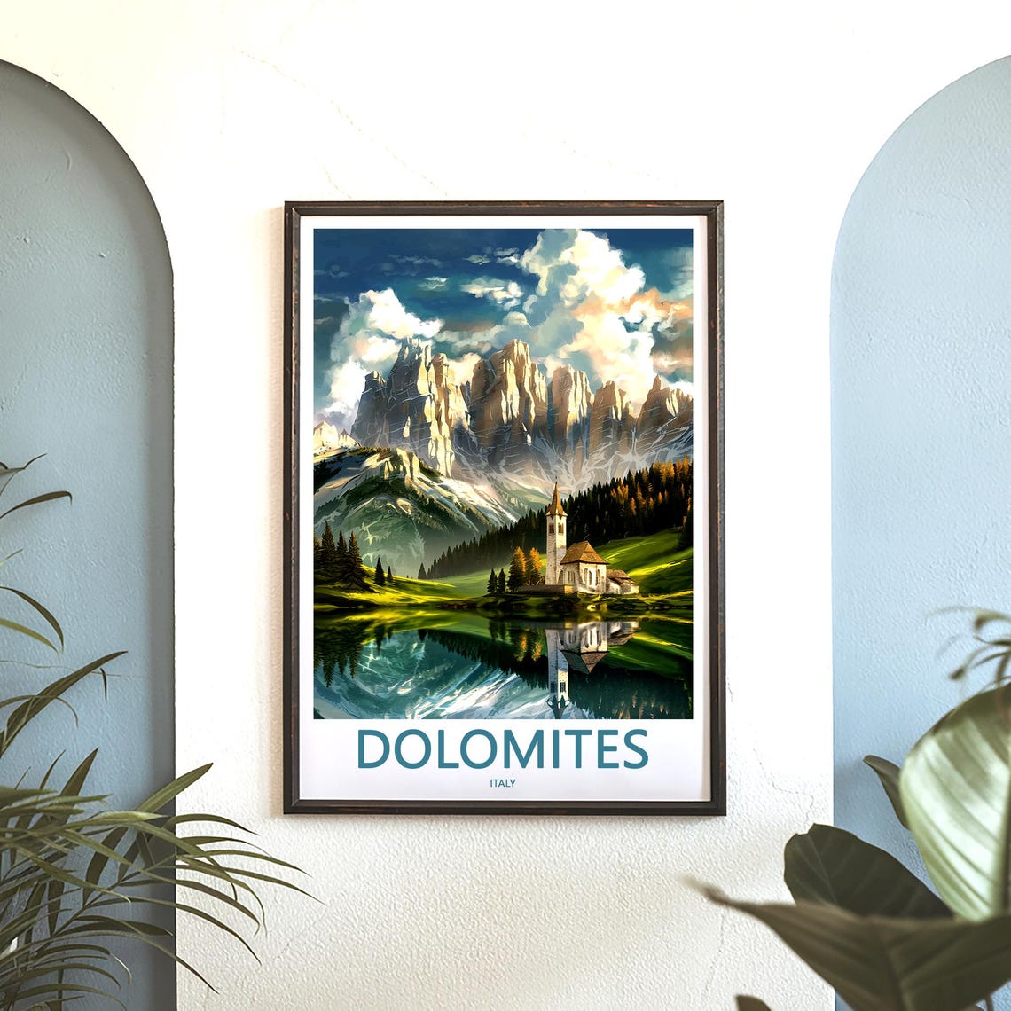 Dolomites Italy Lake Church Mountain Peaks Reflection Poster - Image 3