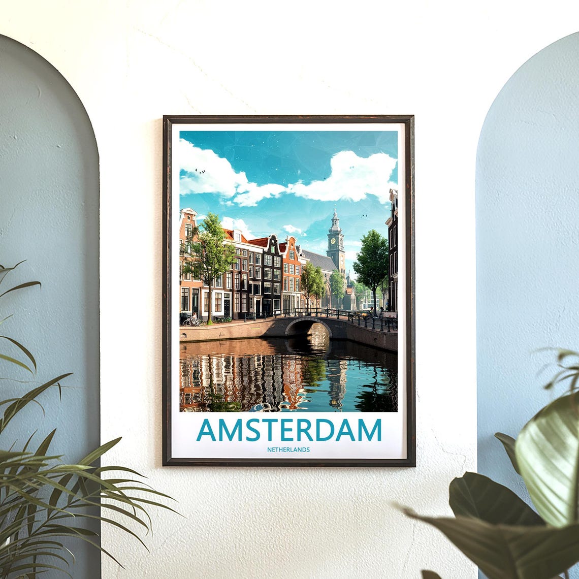 Amsterdam Canal Brick Bridge Water Reflection Photo Travel Poster - Image 3