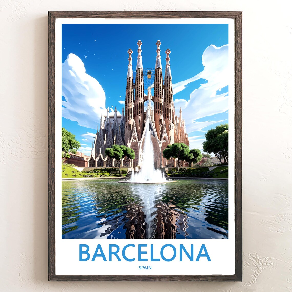 Barcelona Sagrada Familia Fountain Photo Deep Blue Sky Travel Poster
