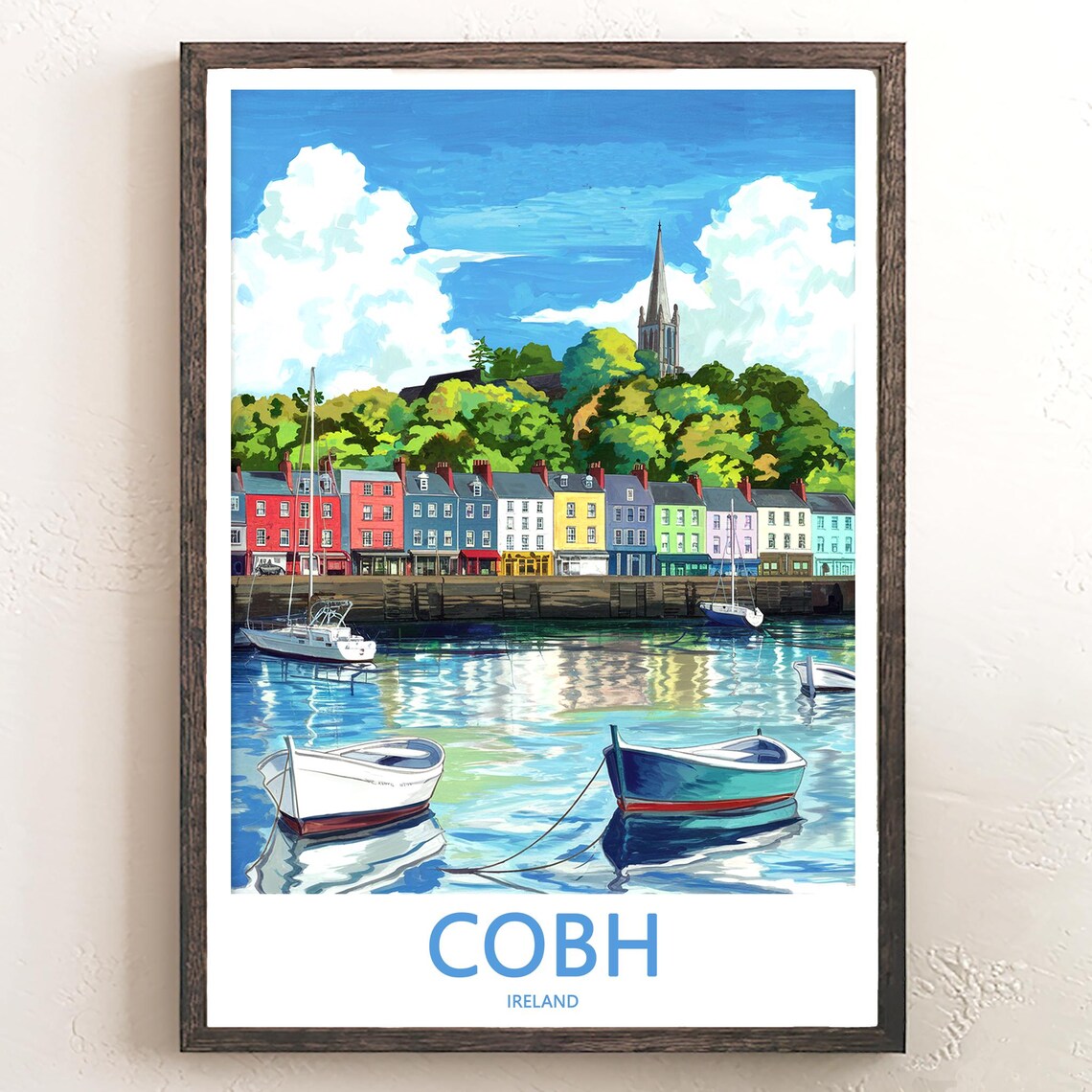 Cobh Ireland Moored Rowboats Colorful Quay Painted Travel Poster