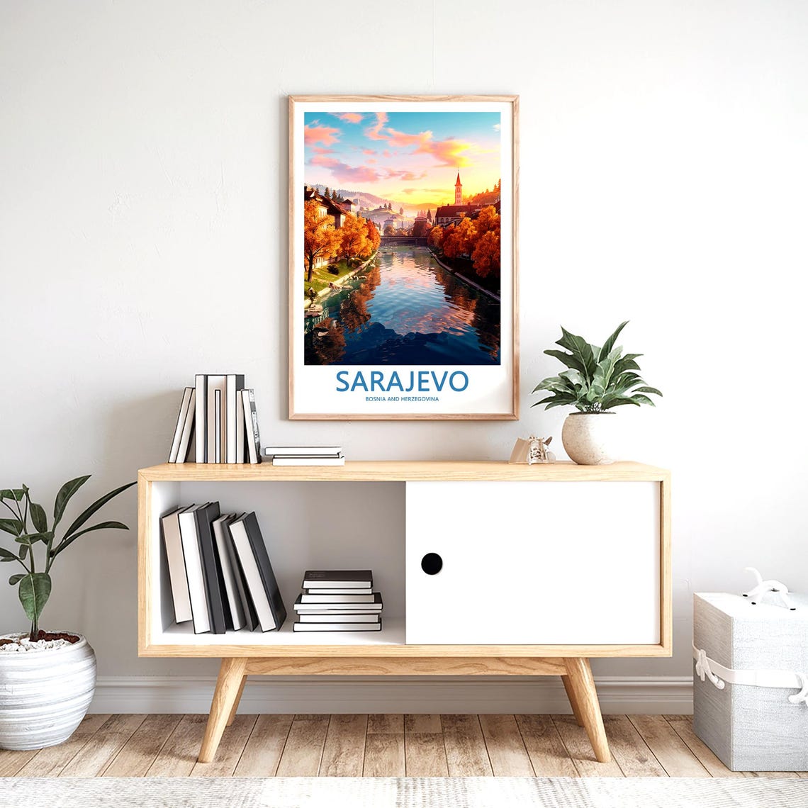 Sarajevo Autumn River Scene with Church Tower at Sunset Poster - Image 2
