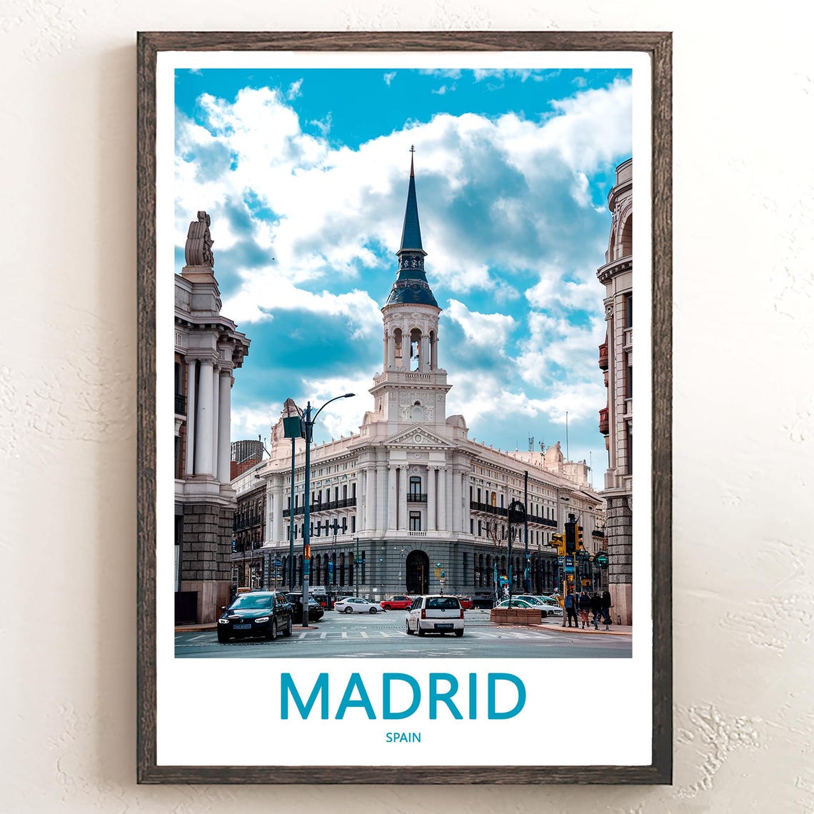 Madrid White Landmark Blue Spire Street Traffic Photo Poster