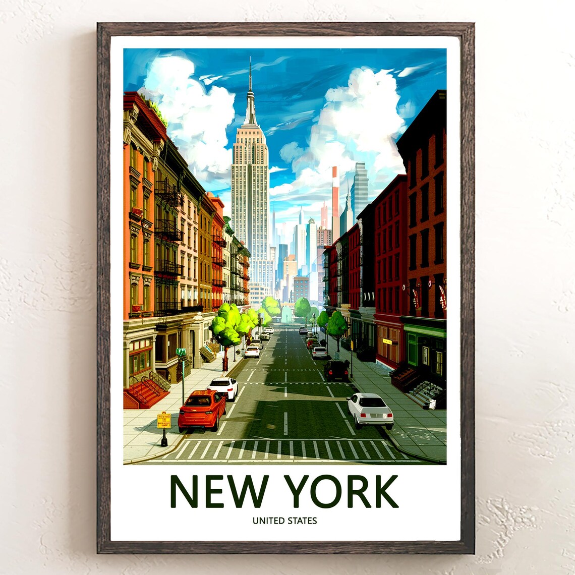 Empire State Building Over a Wide Colorful City Avenue Poster
