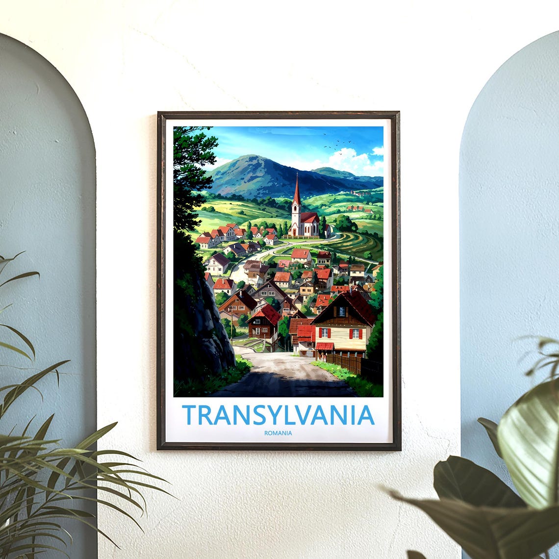 Transylvania Romania Hillside Village Church Illustration Poster - Image 3