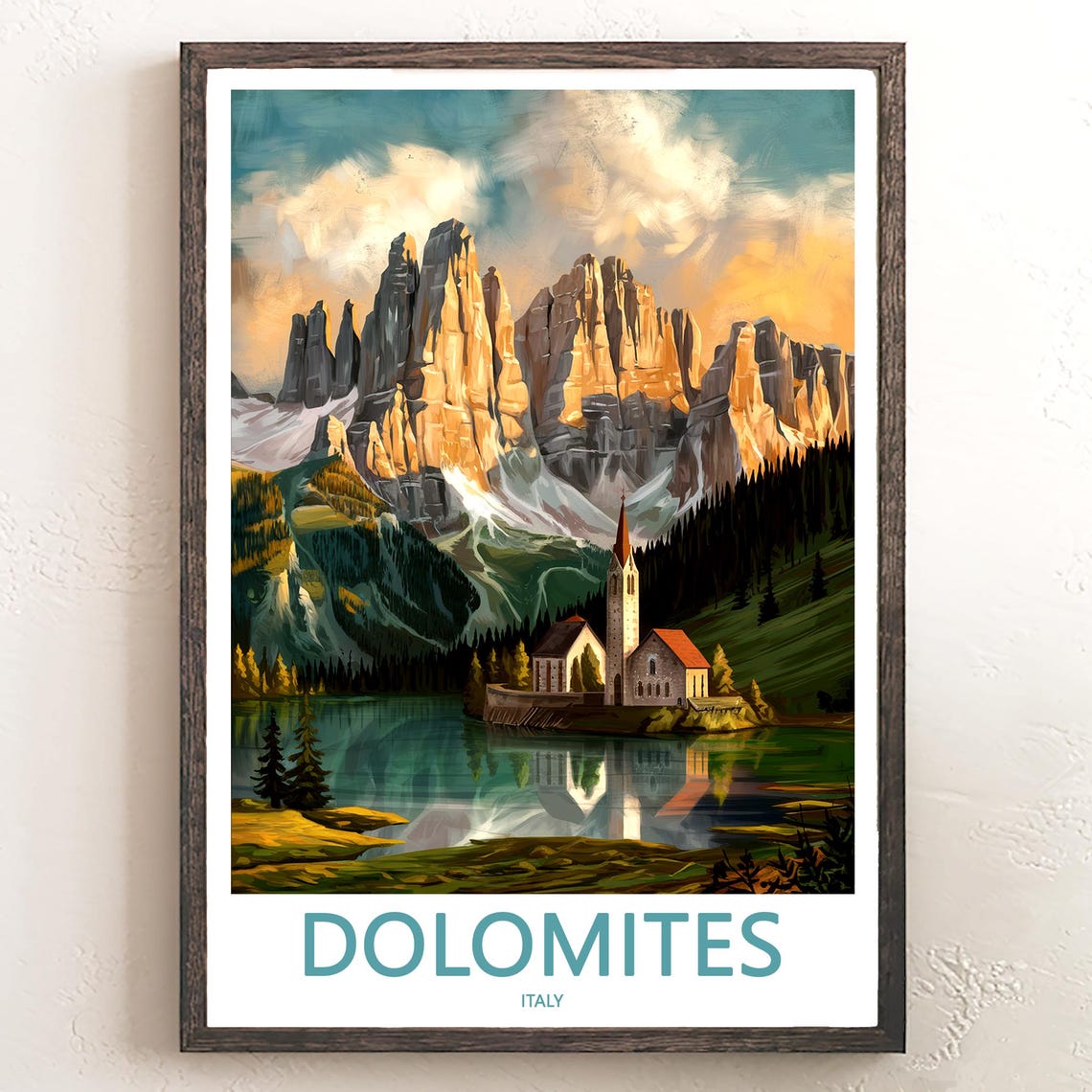 Dolomites Sunrise Peaks with Lakeside Church Italy Travel Poster