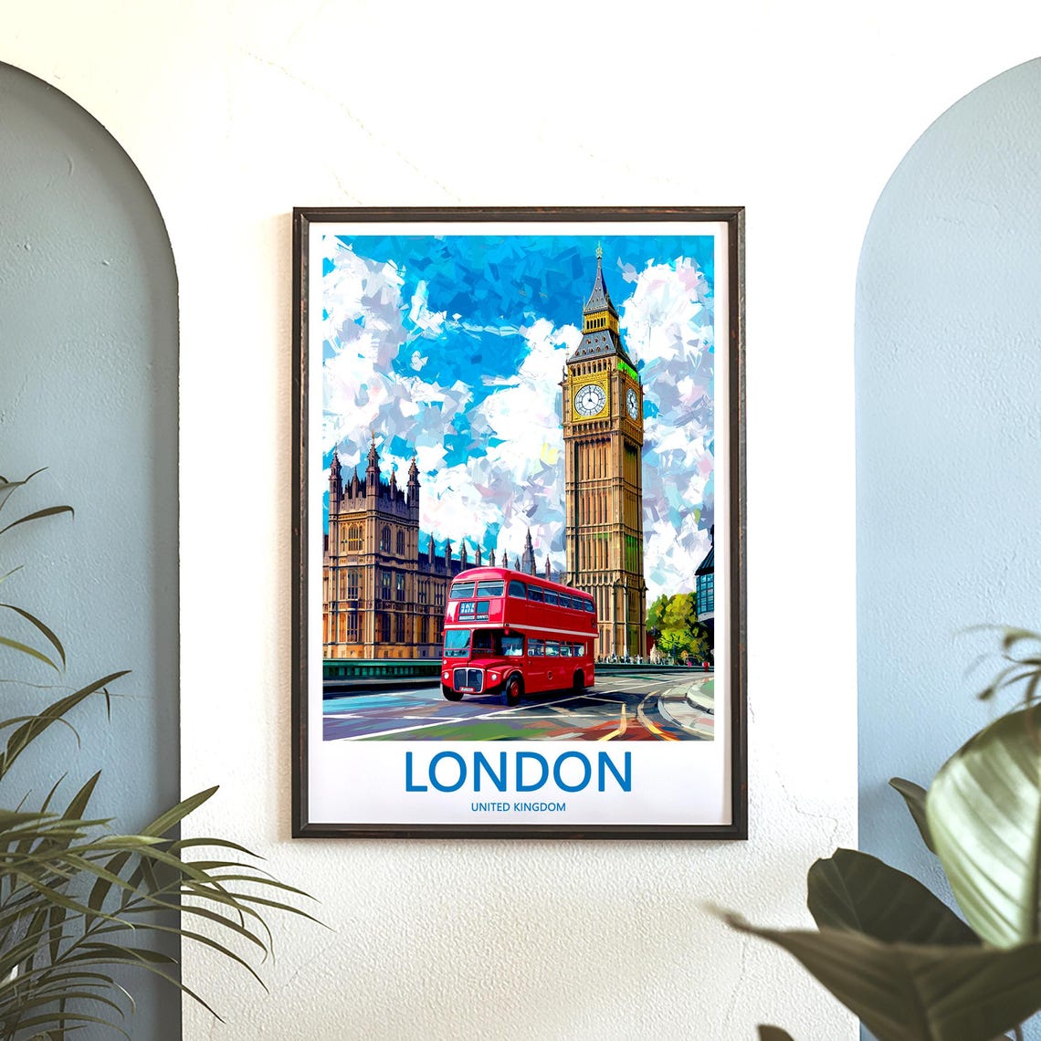 Big Ben Red Routemaster Bus Under a Bold Painterly Sky Poster - Image 3