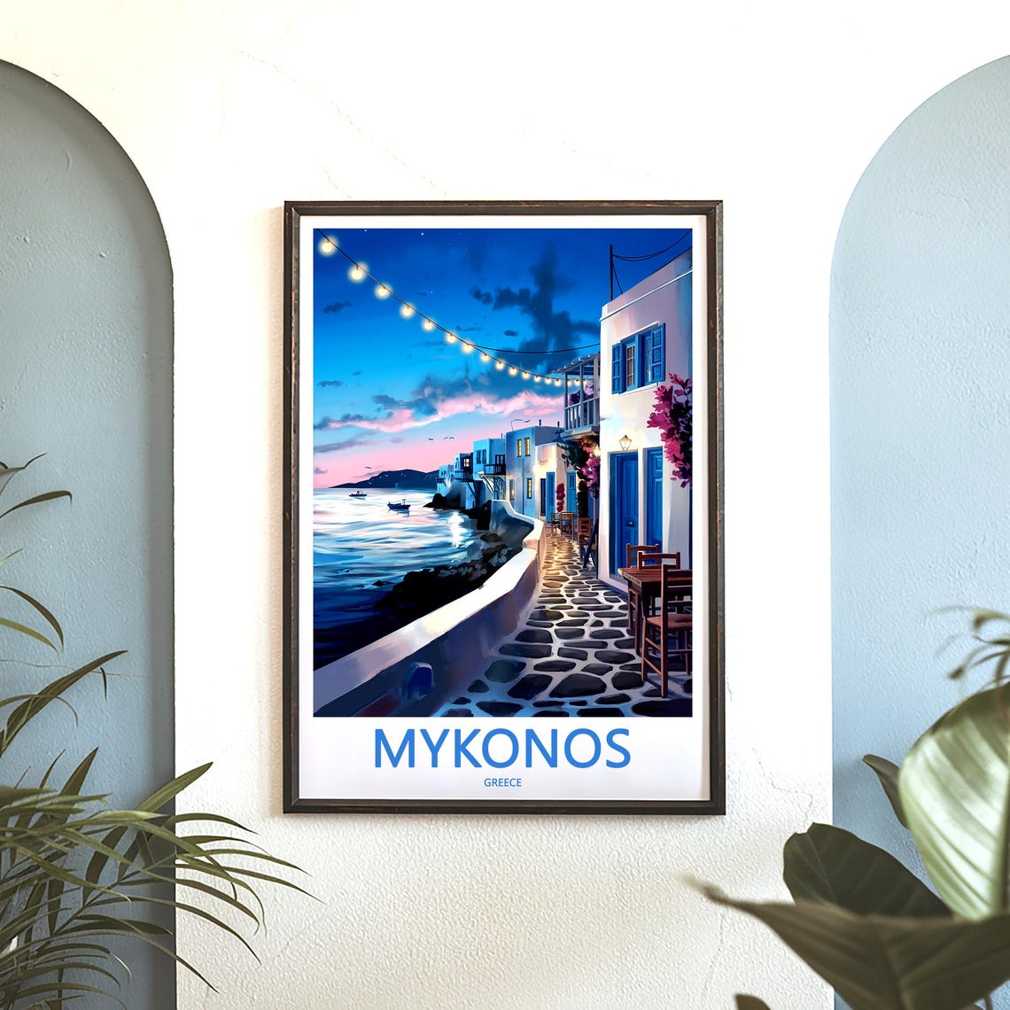 Mykonos Harbor String Lights At Dusk Greece Evening Art Poster - Image 3