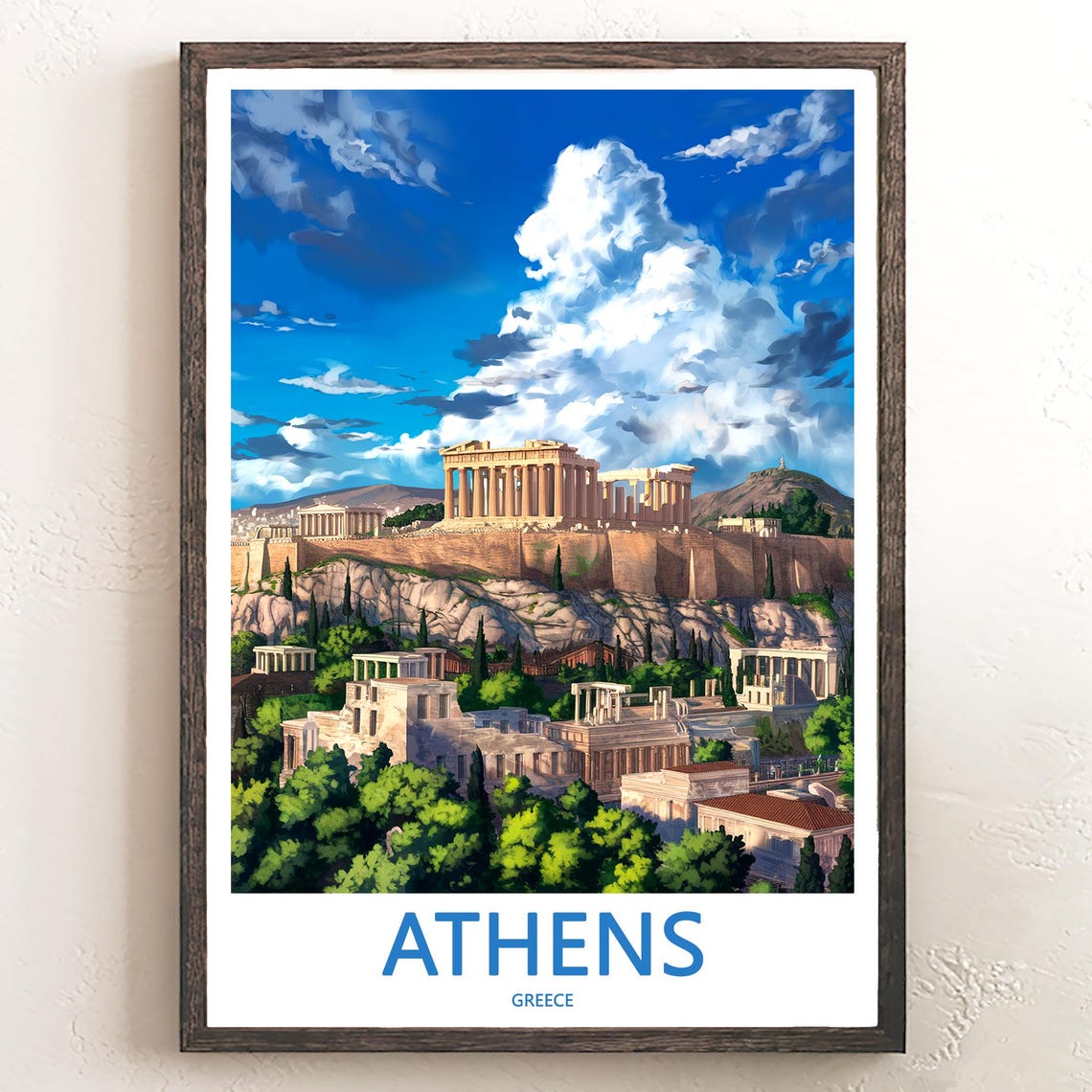 Athens Acropolis Dramatic Clouds Green Hills Illustrated Poster