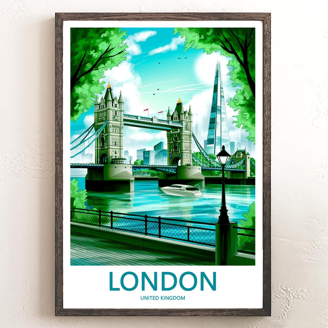 Tower Bridge in Emerald Palette Riverside Illustration Poster