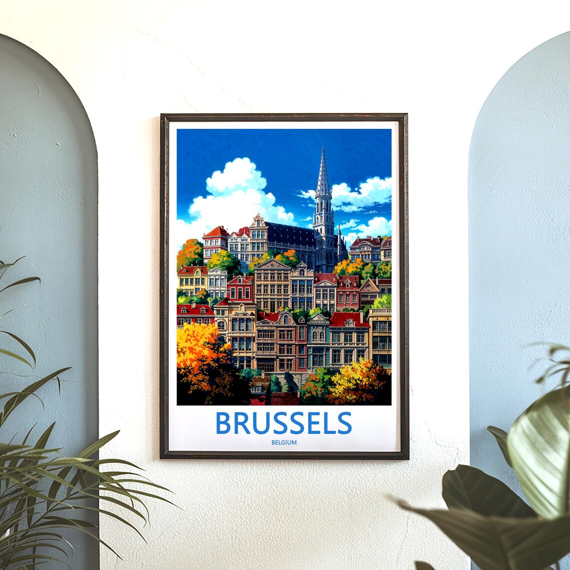 Brussels Belgium Church Spire Over Historic Houses View Poster - Image 3