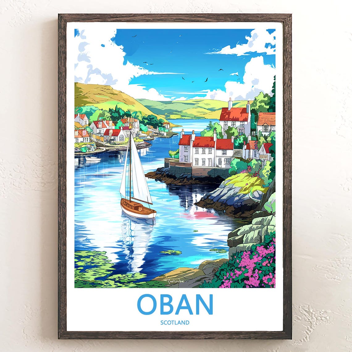 Oban Scotland Wooden Sailboat in Cove with Pink Blossoms Poster