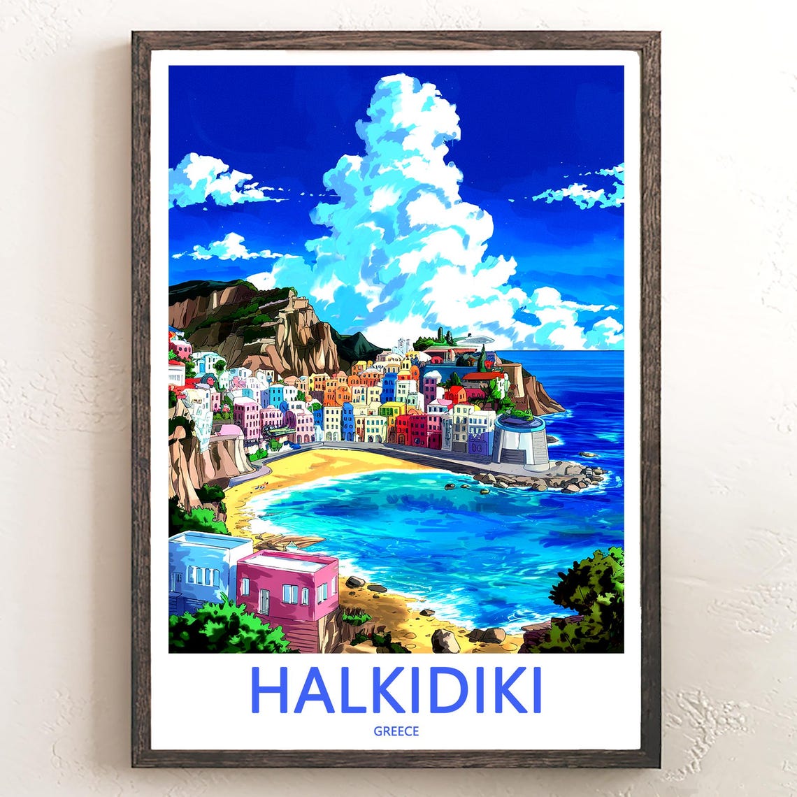 Halkidiki Greece Colorful Beach Town Illustration Wall Poster