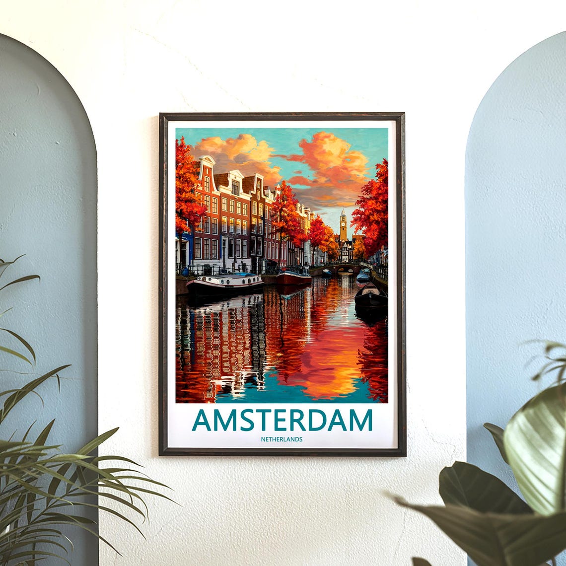 Amsterdam Canal Reflection Houseboats Orange Trees Art Poster - Image 3