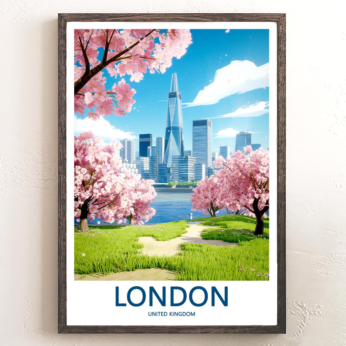 The Shard Beyond Cherry Blossom Trees by the River Thames Poster