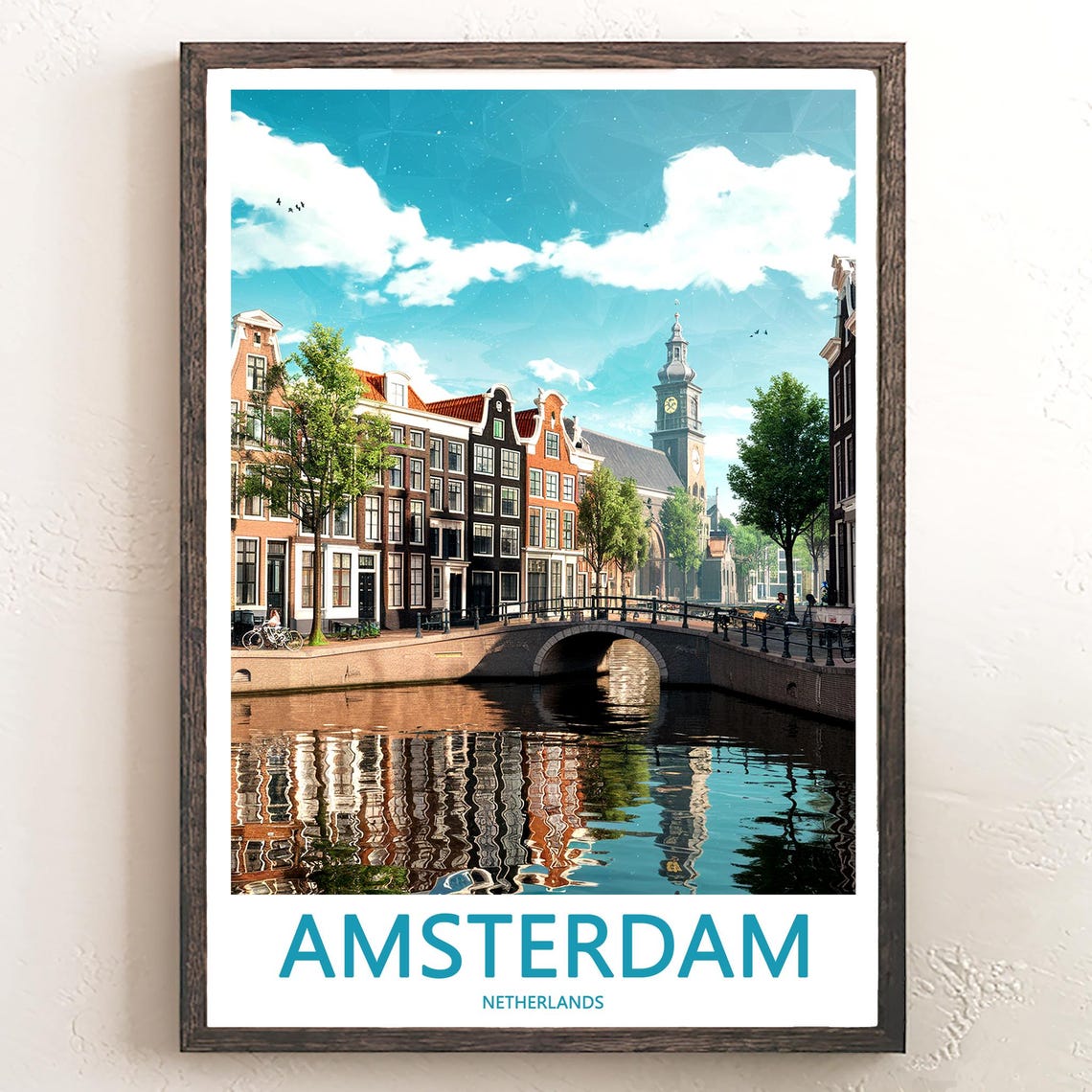 Amsterdam Canal Brick Bridge Water Reflection Photo Travel Poster