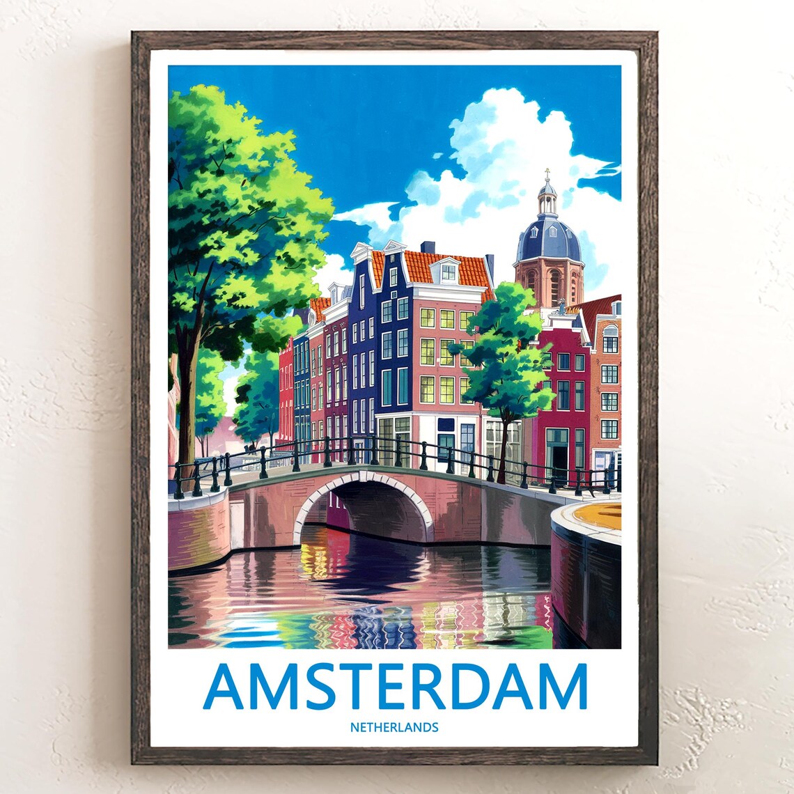 Amsterdam Canal Bridge Illustrated Colorful Gabled Houses Poster